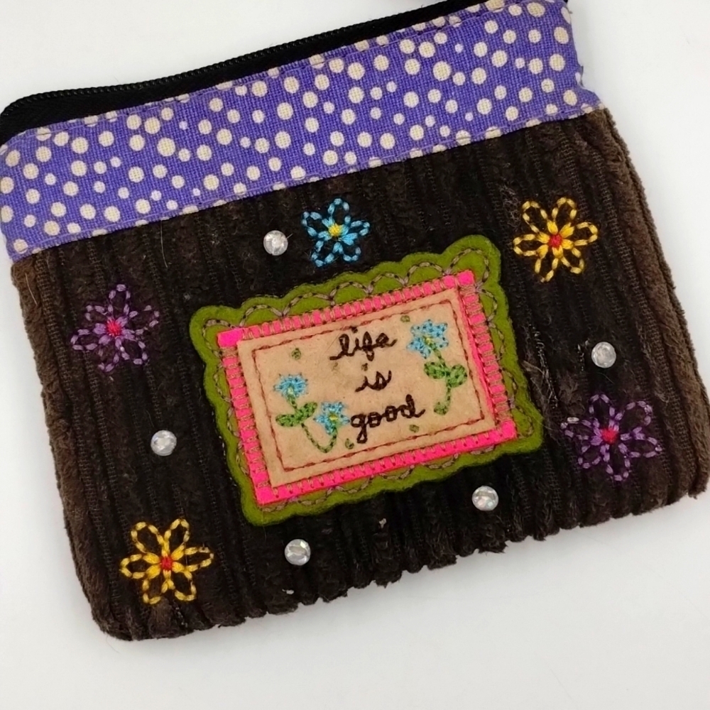 Life is good pouch wallet coin purse hand stitched flowers mini small